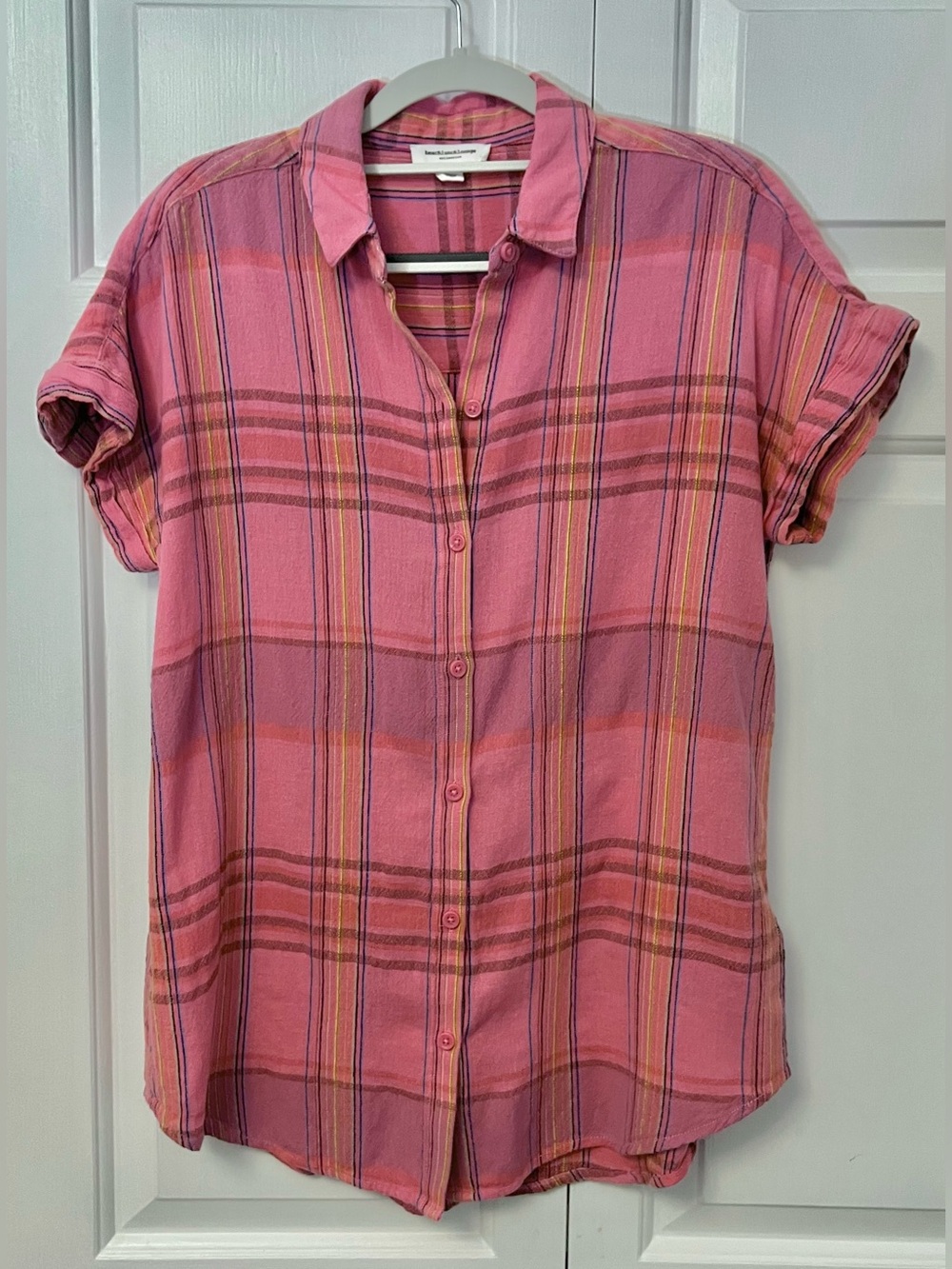 Women’s Pink Plaid Flannel Button-Up Short-Sleeve Shirt 100% Cotton
